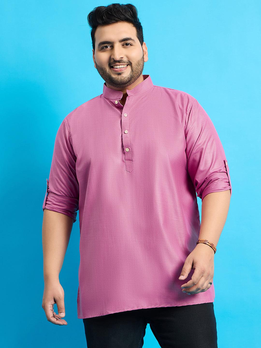 Men Plus Size Pollan-Pink Solid Short Kurta - bigbanana