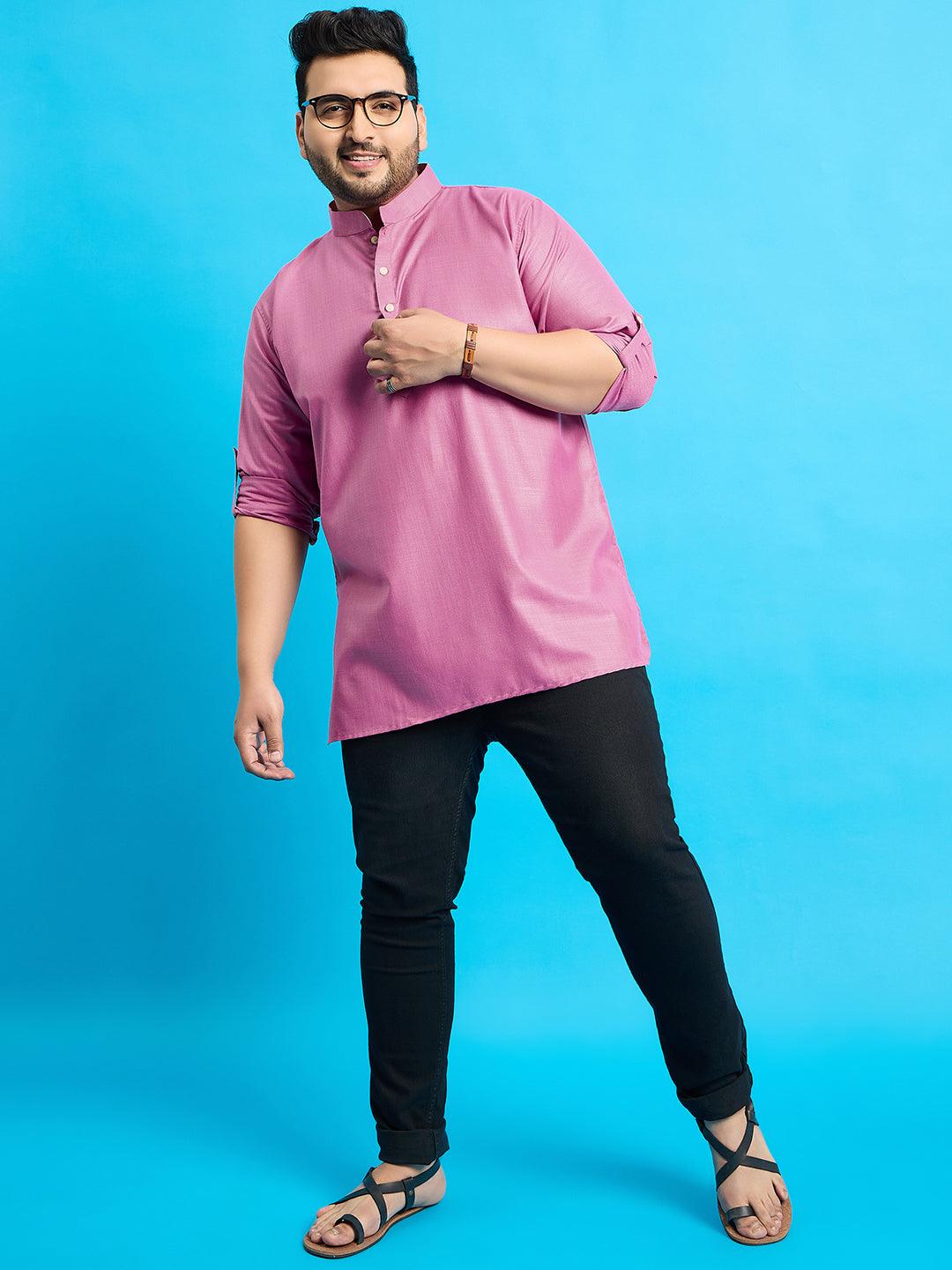 Men Plus Size Pollan-Pink Solid Short Kurta - bigbanana