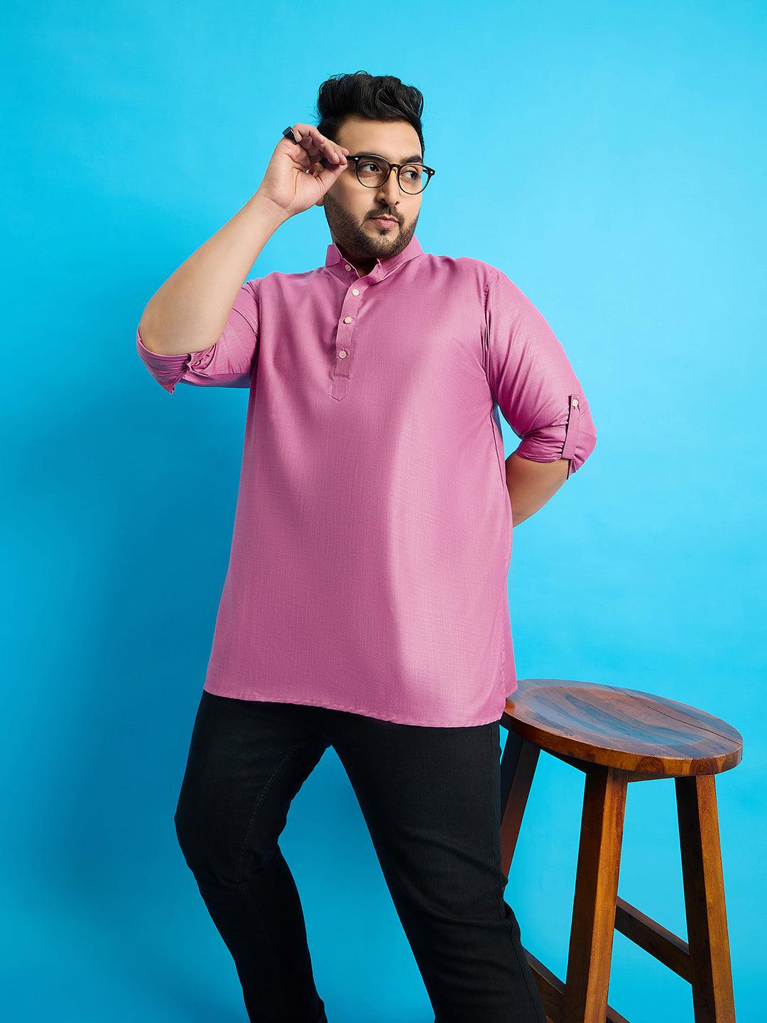 Men Plus Size Pollan-Pink Solid Short Kurta - bigbanana