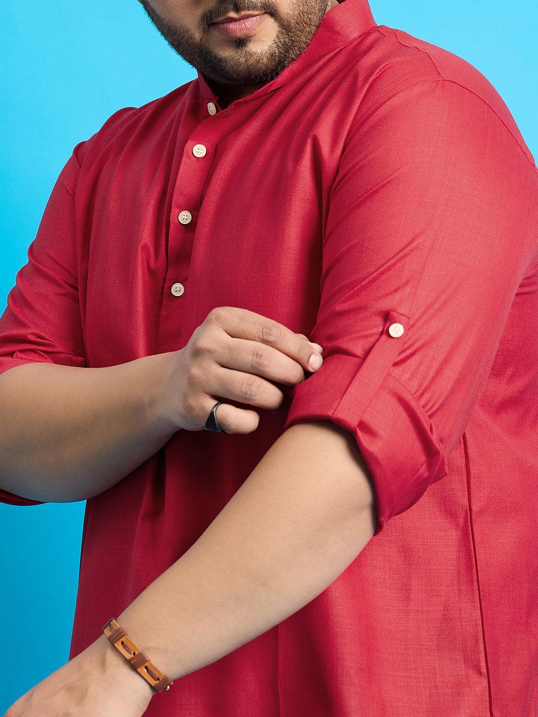 Men Plus Size Pollan-Red Solid Short Kurta - bigbanana