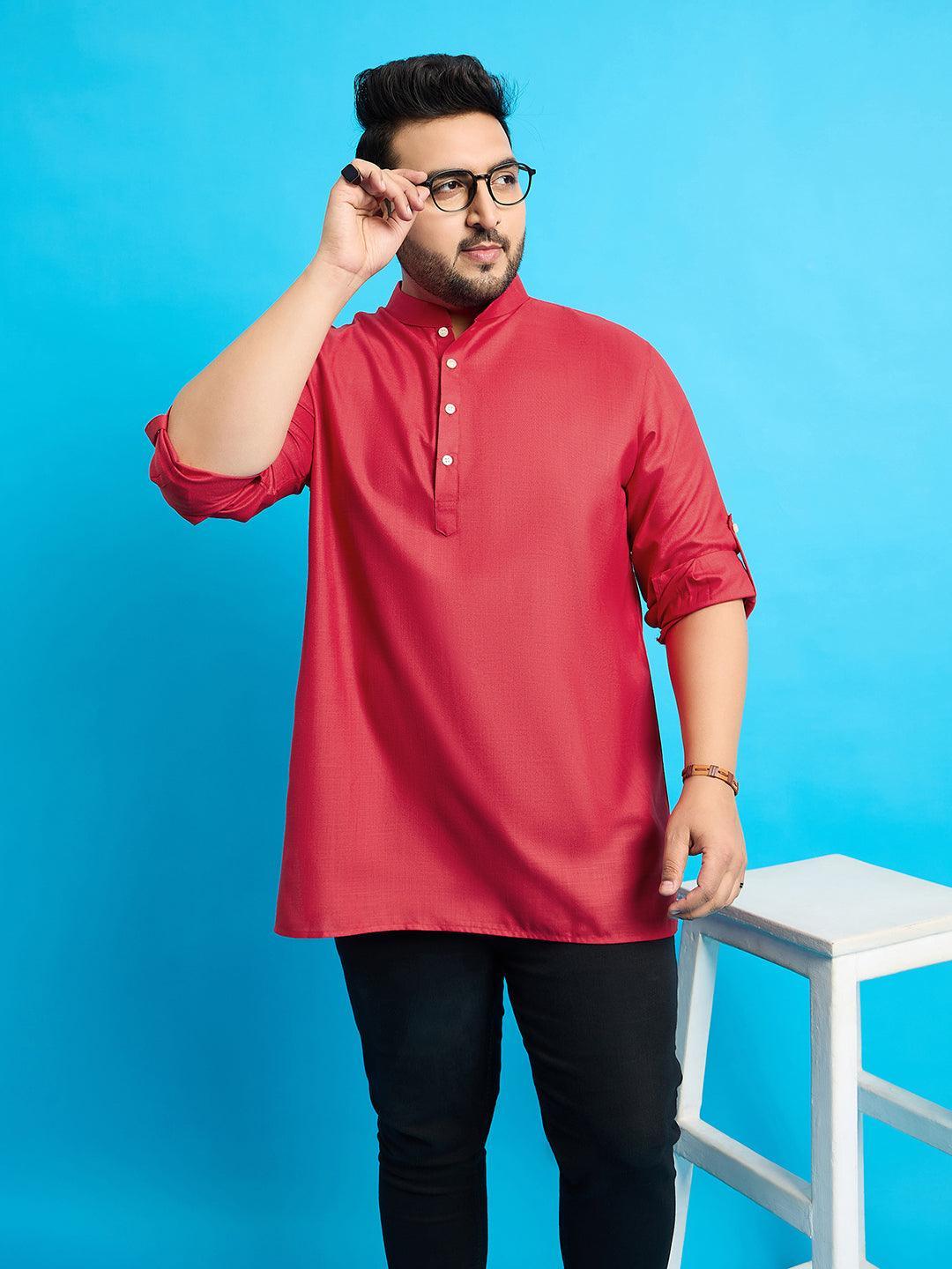 Men Plus Size Pollan-Red Solid Short Kurta - bigbanana