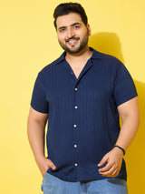 Men Plus Size Popper Navy Solid Casual Shirt