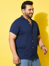 Men Plus Size Popper Navy Solid Casual Shirt