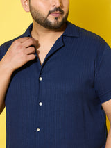 Men Plus Size Popper Navy Solid Casual Shirt