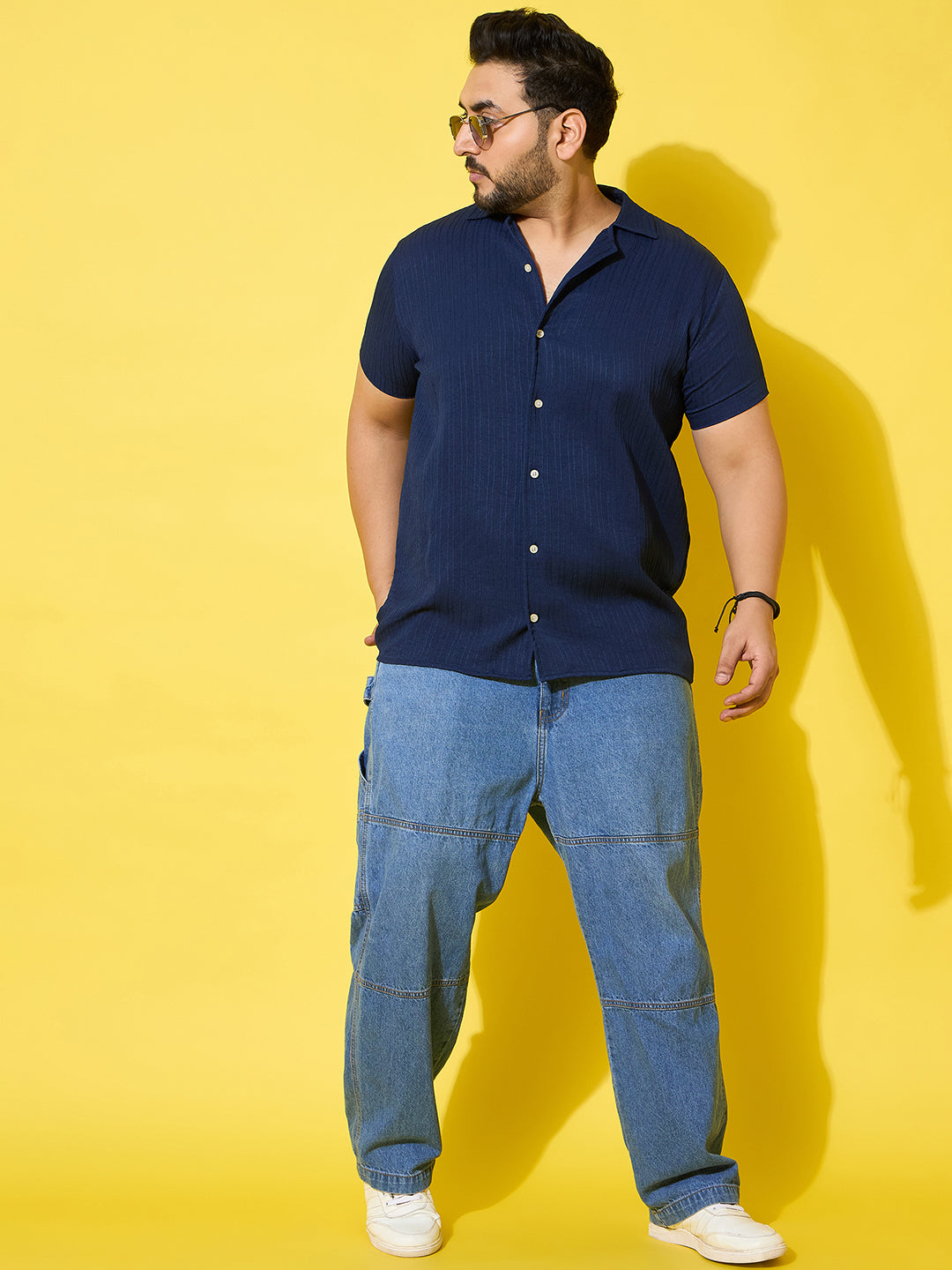 Men Plus Size Popper Navy Solid Casual Shirt