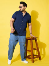 Men Plus Size Popper Navy Solid Casual Shirt