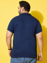 Men Plus Size Popper Navy Solid Casual Shirt