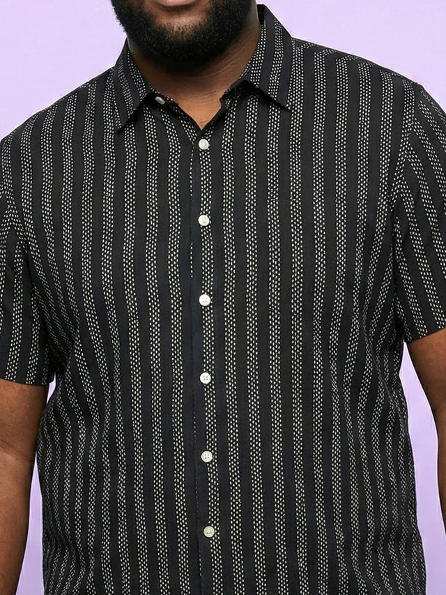 Men Plus Size Prep Black Striped Casual Shirt