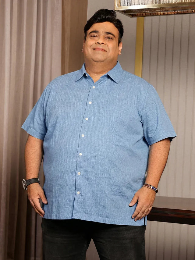 Men Plus Size Prussian Blue Self Design Casual Shirt