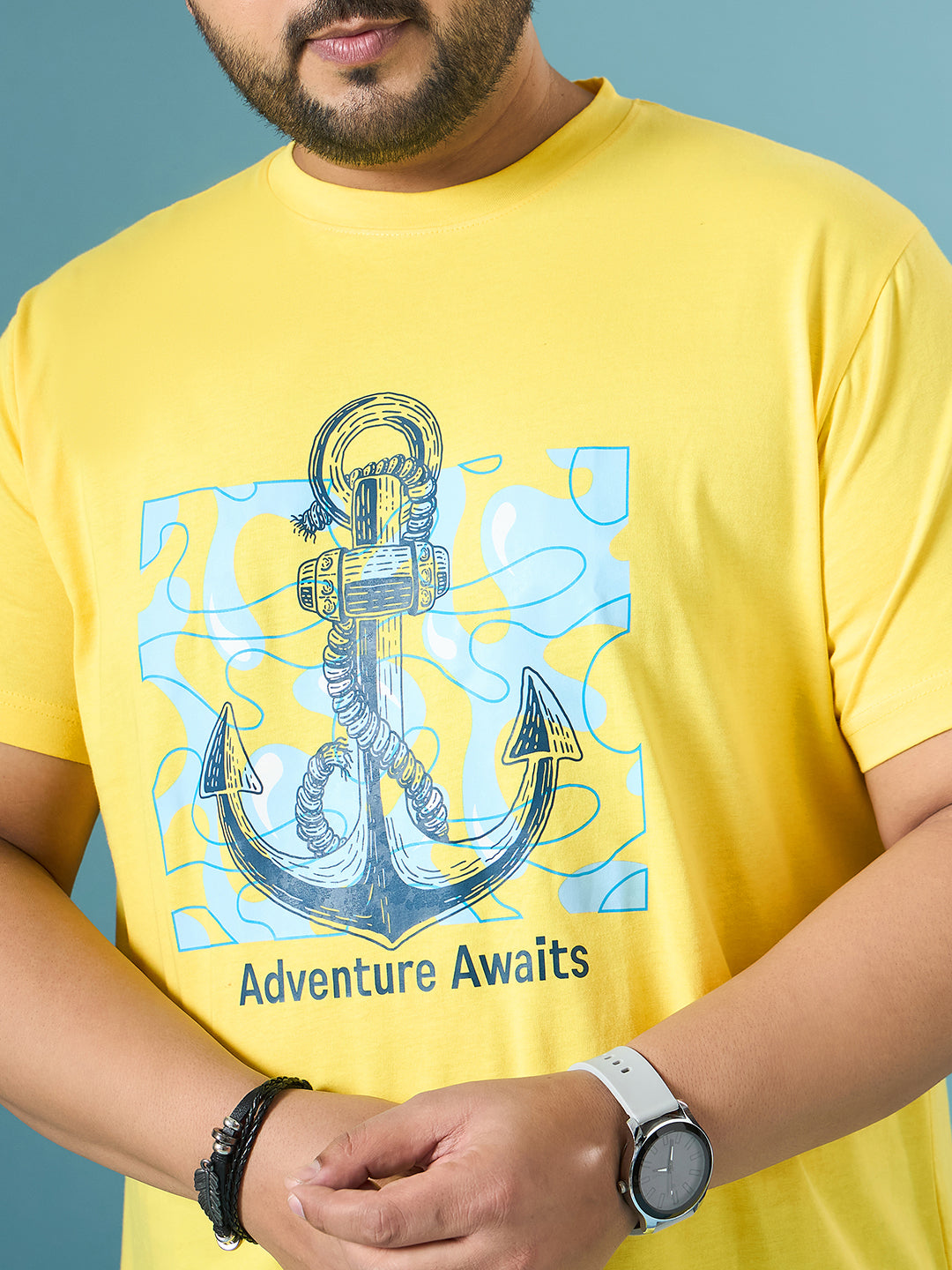 Men Plus Size Quest Yellow Printed Round Neck Tshirt