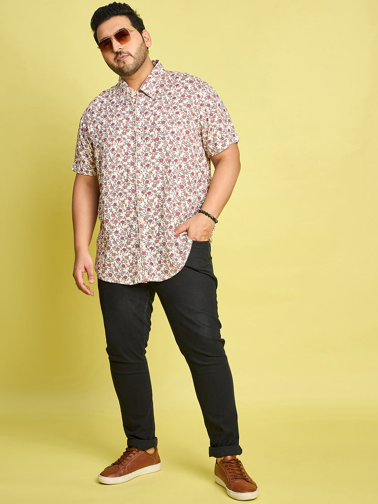 Men Plus Size Rupter Floral Printed Peach Color Shirt - bigbanana