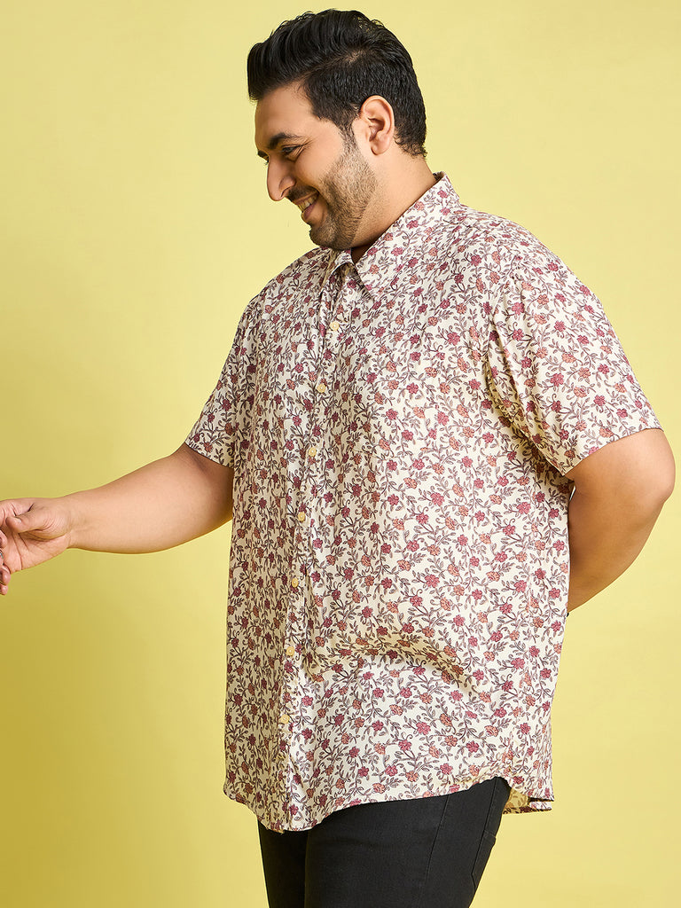 Men Plus Size Rupter Floral Printed Peach Color Shirt - bigbanana