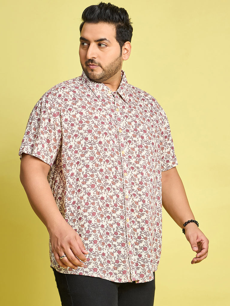 Men Plus Size Rupter Floral Printed Peach Color Shirt - bigbanana