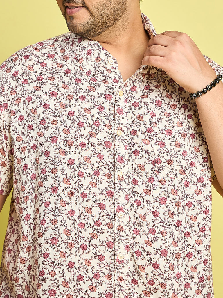 Men Plus Size Rupter Floral Printed Peach Color Shirt - bigbanana