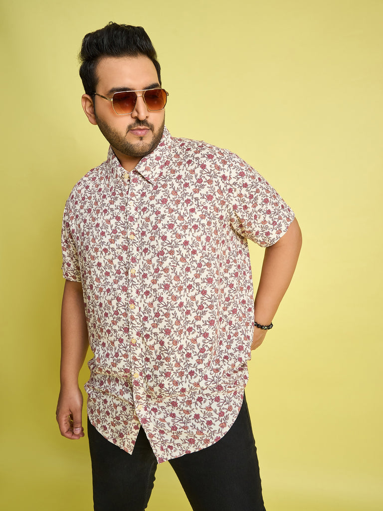 Men Plus Size Rupter Floral Printed Peach Color Shirt - bigbanana