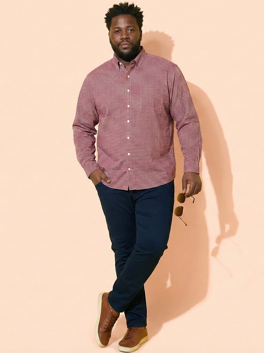 Men Plus Size Sangria Pink Self Design Casual Shirt