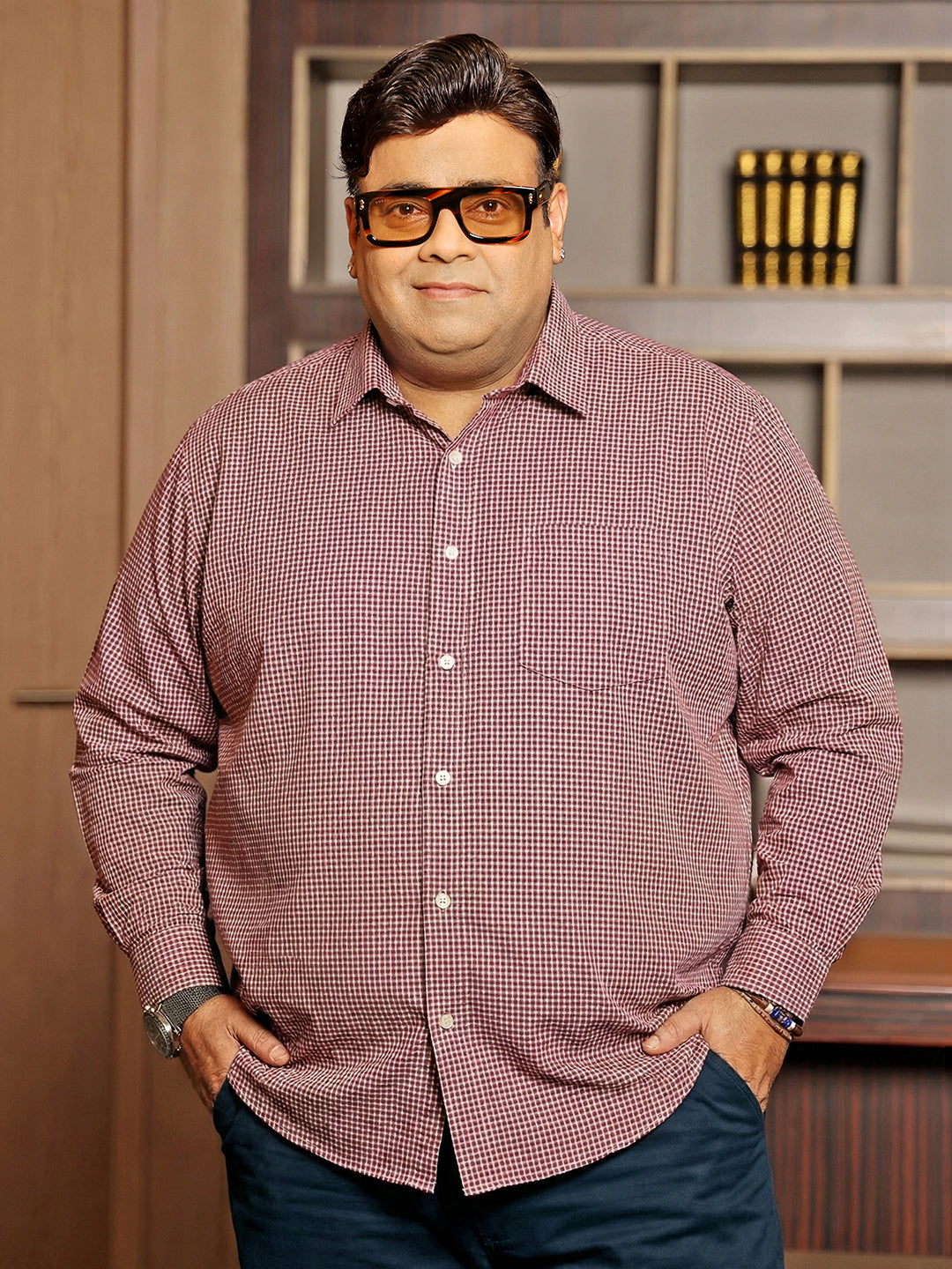 Men Plus Size Sangria Pink Self Design Casual Shirt