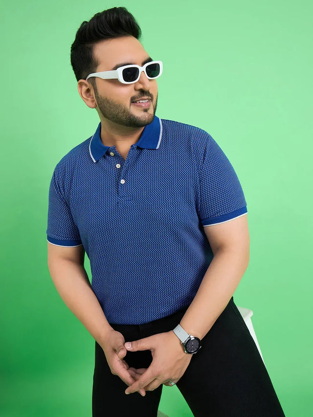 Men Plus Size Scholar Blue Printed Polo Tshirt - bigbanana