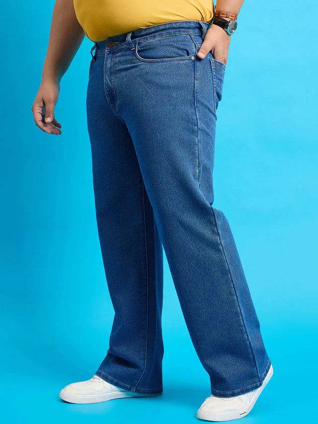 Men Plus Size Scroll-Indigo Blue Solid Jeans - bigbanana