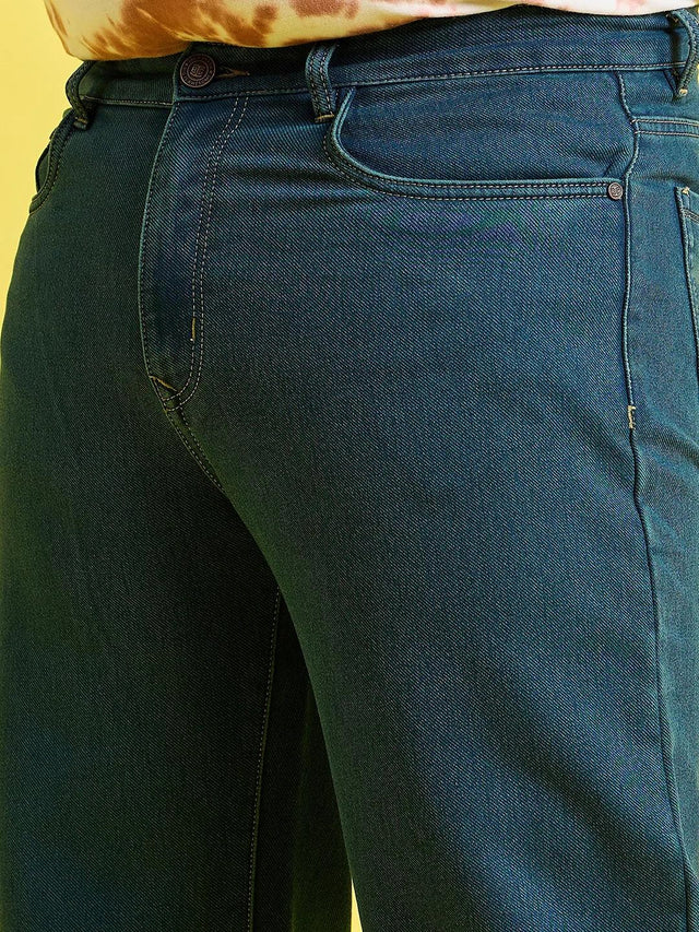 Men Plus Size Scroll-Ocean Blue Solid Jeans - bigbanana