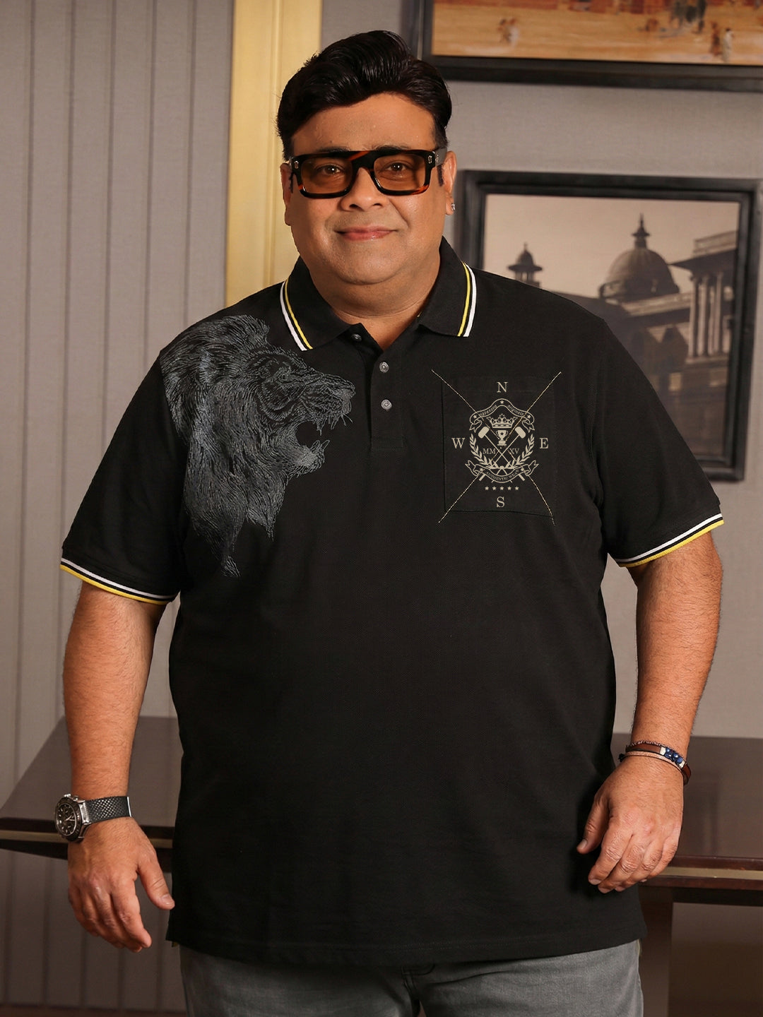Men Plus Size Shard Black Printed Polo Tshirt