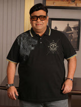 Men Plus Size Shard Black Printed Polo Tshirt
