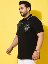 Men Plus Size Shard Black Printed Polo Tshirt