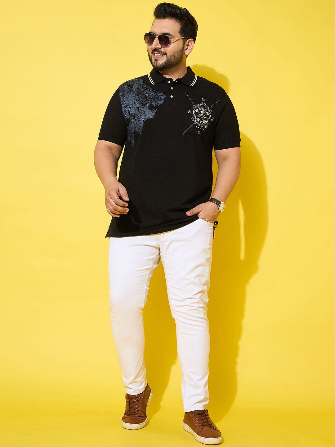 Men Plus Size Shard Black Printed Polo Tshirt