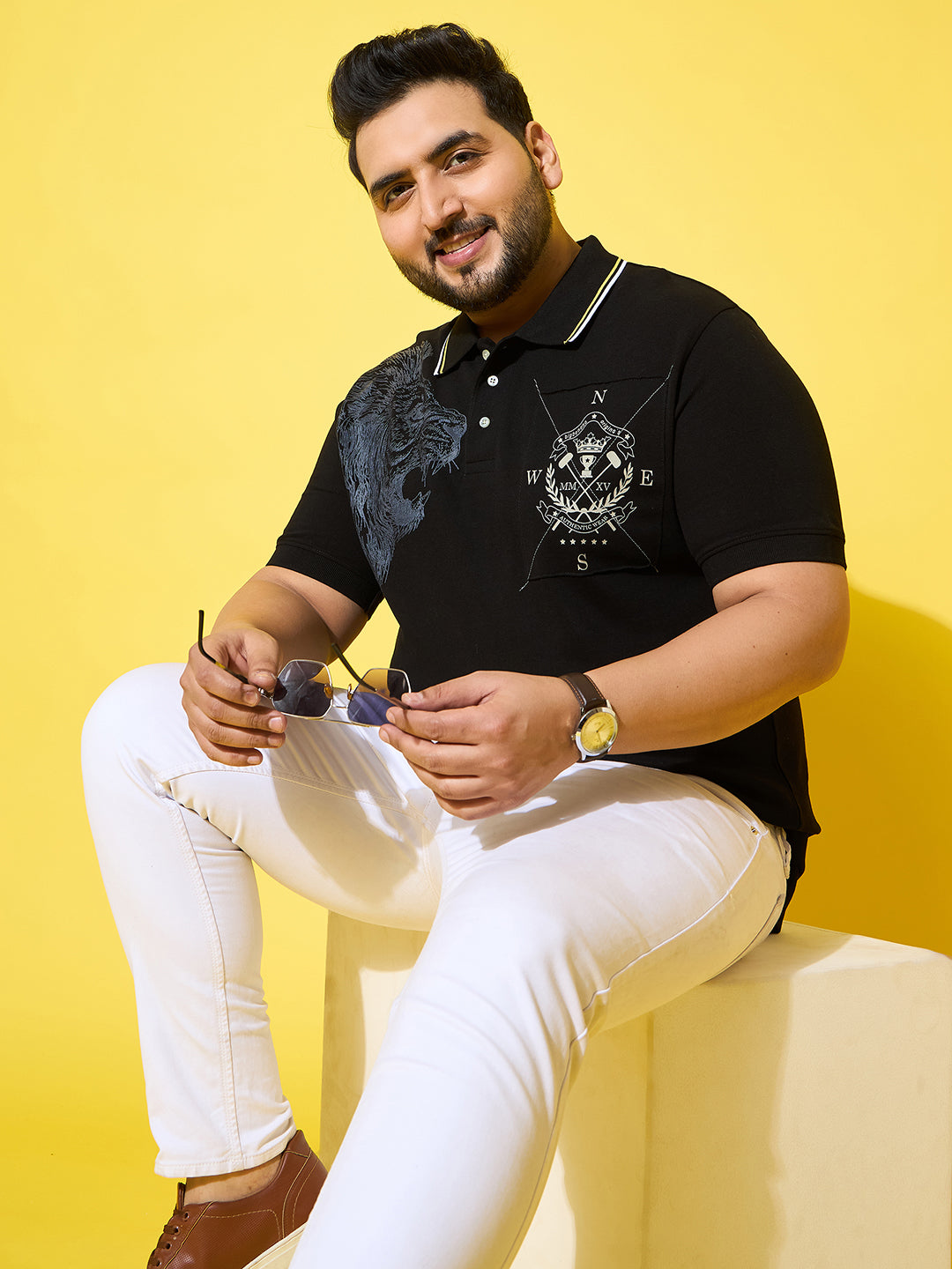 Men Plus Size Shard Black Printed Polo Tshirt