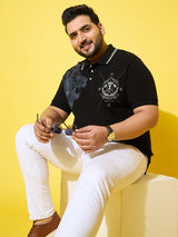 Men Plus Size Shard Black Printed Polo Tshirt