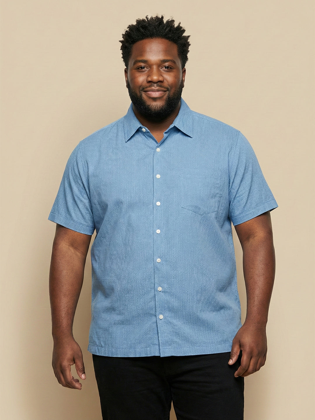 Men Plus Size Prussian Blue Self Design Casual Shirt