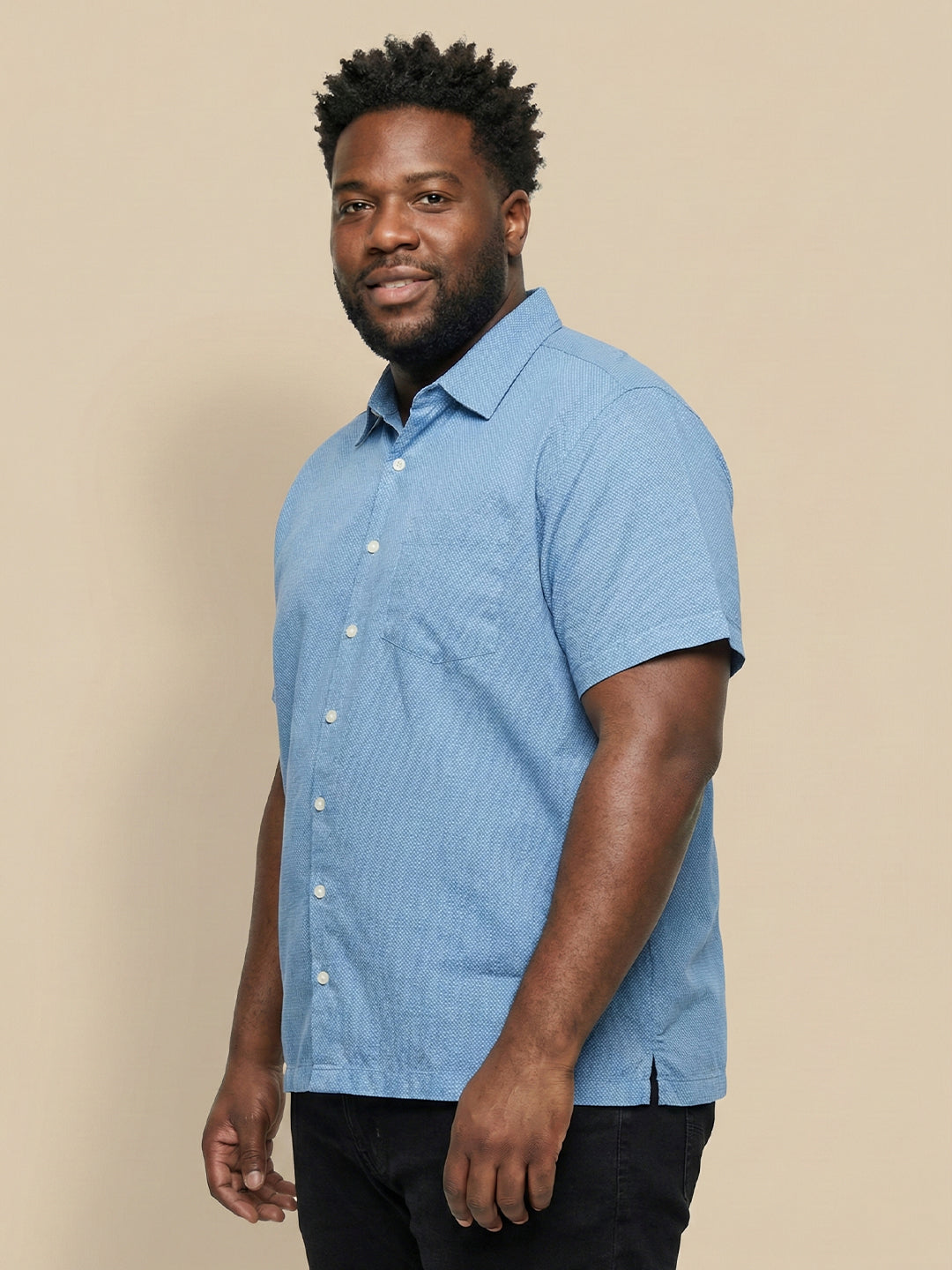 Men Plus Size Prussian Blue Self Design Casual Shirt