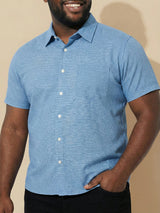 Men Plus Size Prussian Blue Self Design Casual Shirt