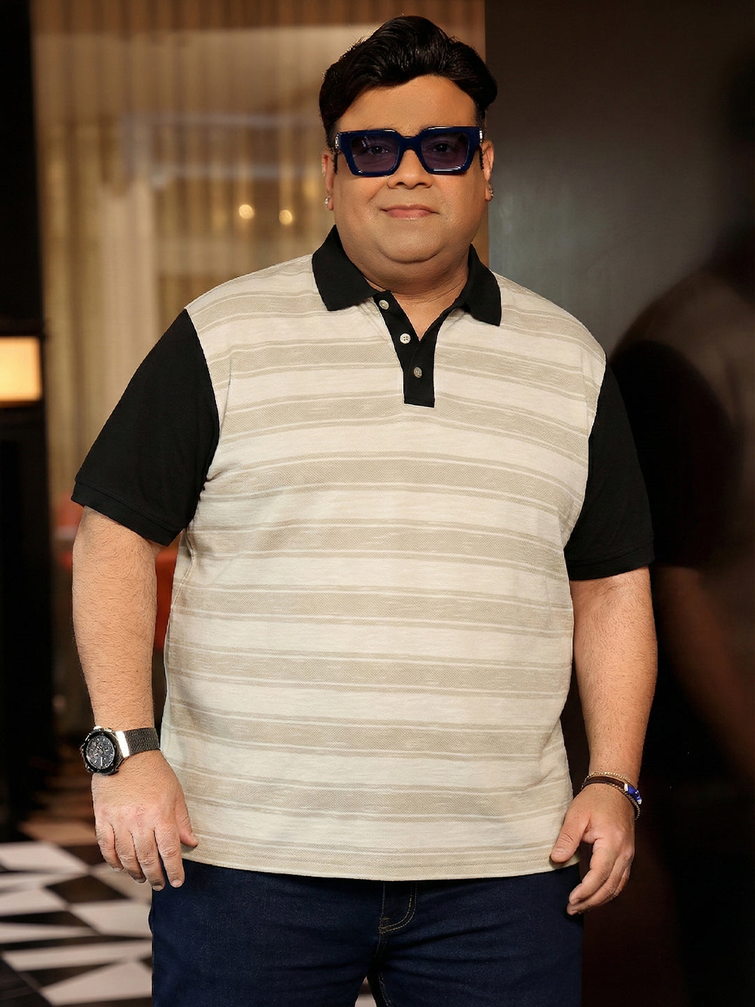 Men Plus Size Calico Multicolor Striped Polo Tshirt