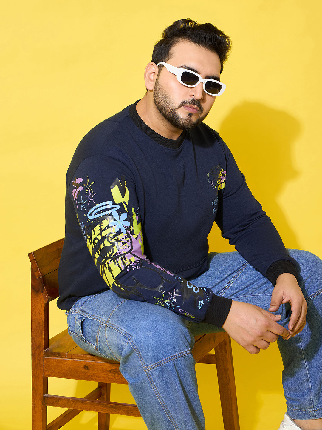 Men Plus Size Sketch-Navy Printed Sweatshirt