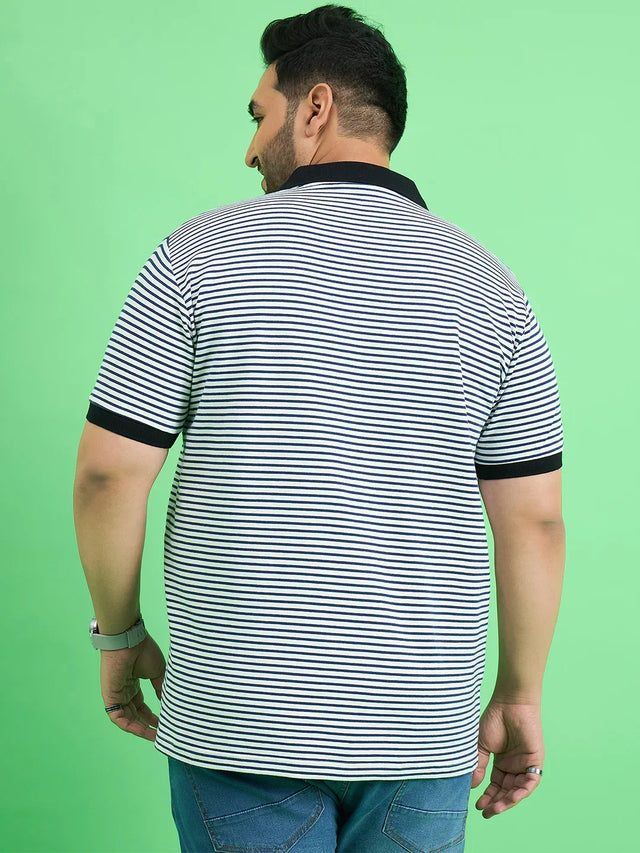 Men Plus Size Skewer White Stripe Polo Tshirt - bigbanana