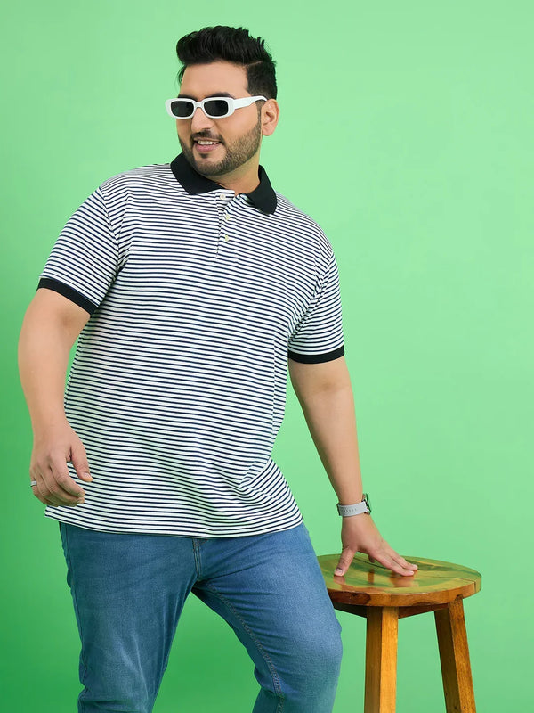 Men Plus Size Skewer White Stripe Polo Tshirt