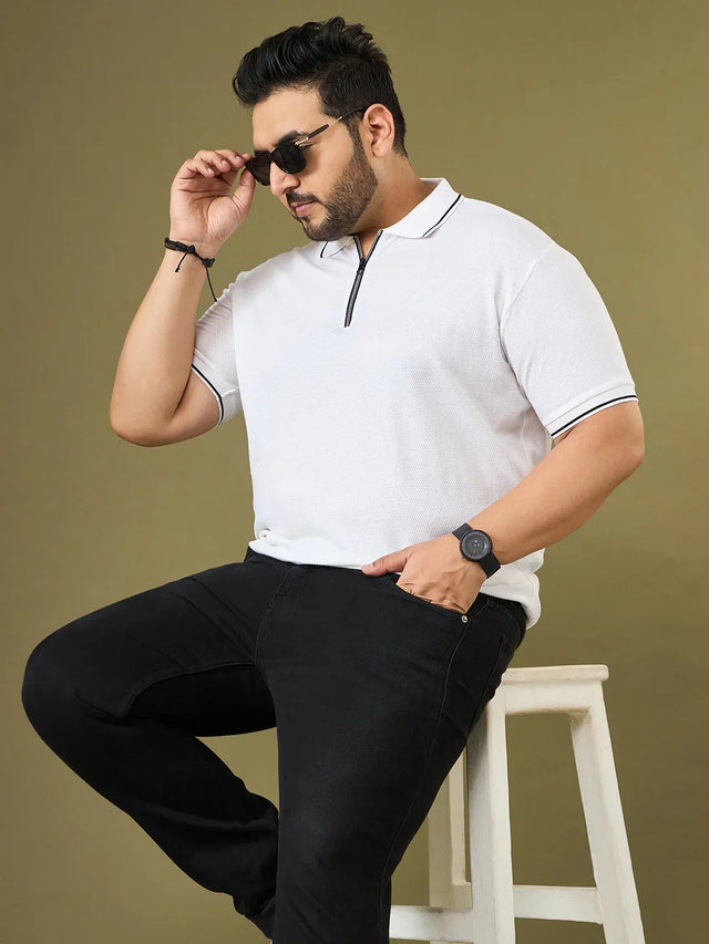 Men Plus Size White Solid Snowbell Polo Tshirt