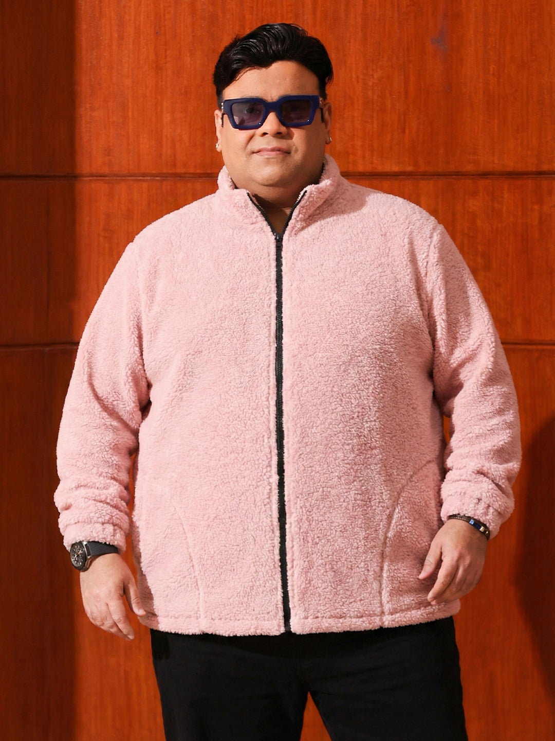 Men Plus Size Snug-Pink Solid Jacket