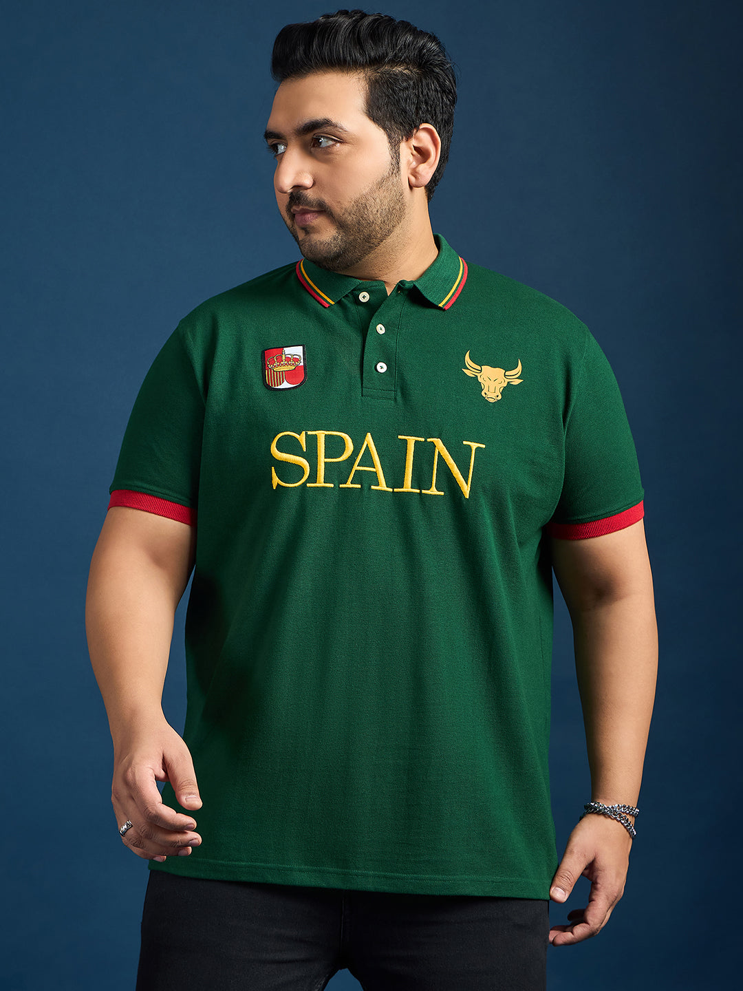 Men Plus Size Spain-Bottle Green Printed Polo Tshirt - bigbanana