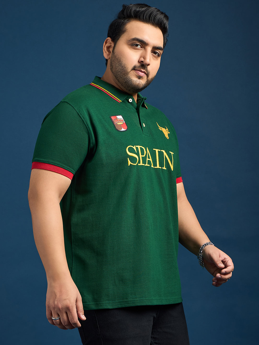 Men Plus Size Spain-Bottle Green Printed Polo Tshirt - bigbanana