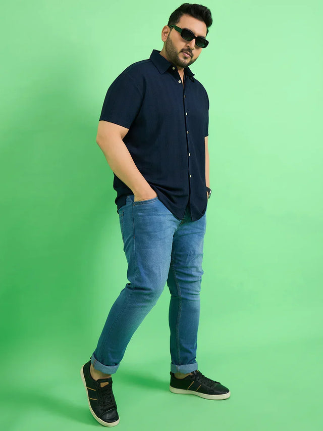 Men Plus Size Tempest Navy Blue Solid Shirt - bigbanana