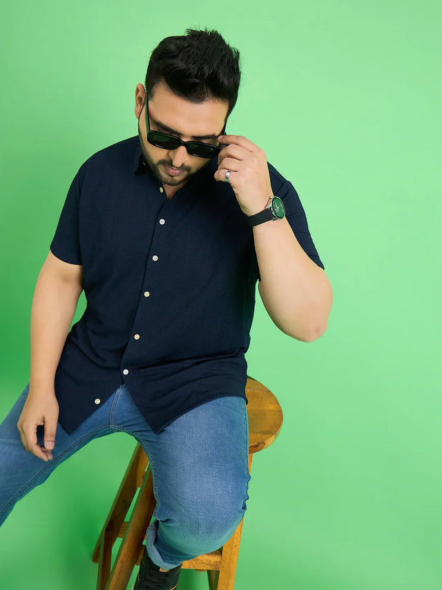 Men Plus Size Tempest Navy Blue Solid Shirt - bigbanana