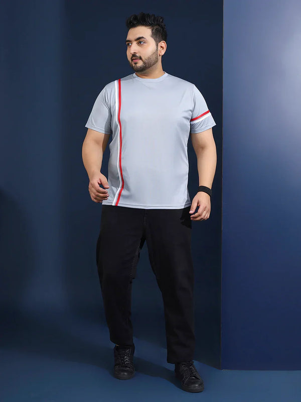 Men Plus Size Thalora-Grey Striped Grey Round Neck Tshirt