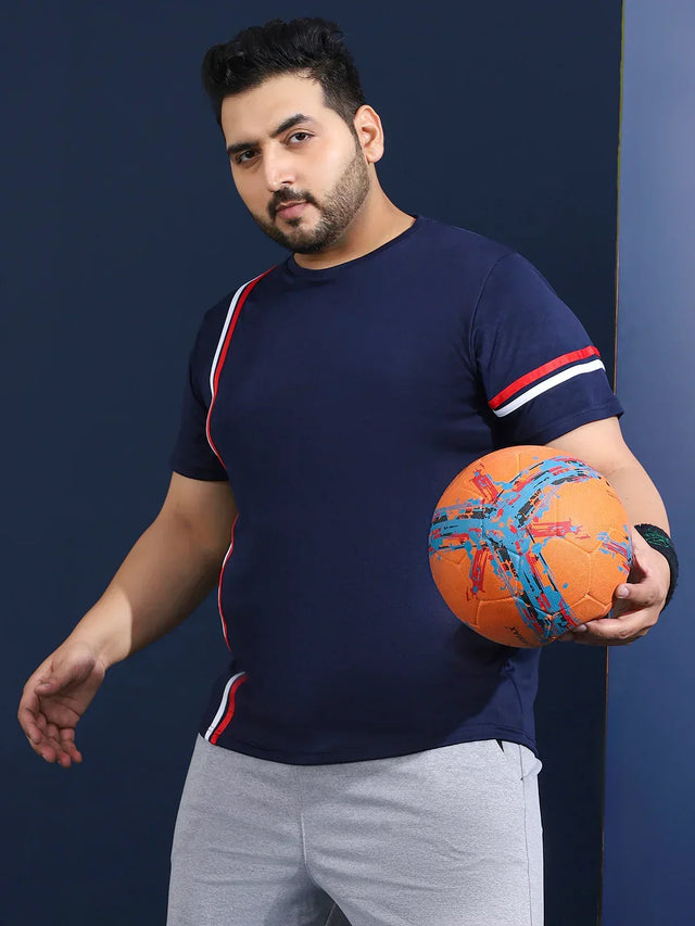 Men Plus Size Thalora-Navy Striped Navy Round Neck Tshirt - bigbanana