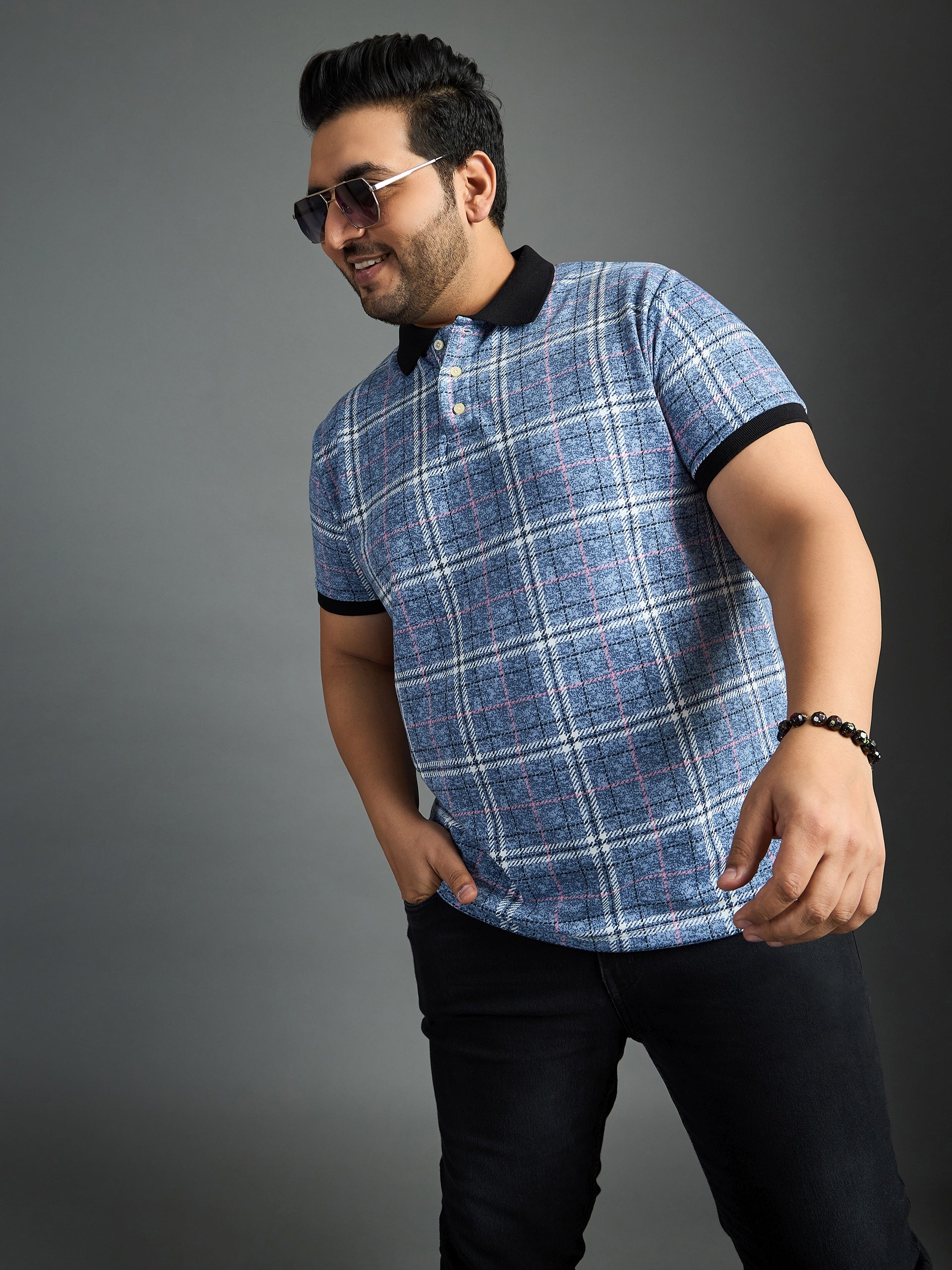 Men Plus Size Thread-Blue Colorblock Polo Tshirt - bigbanana