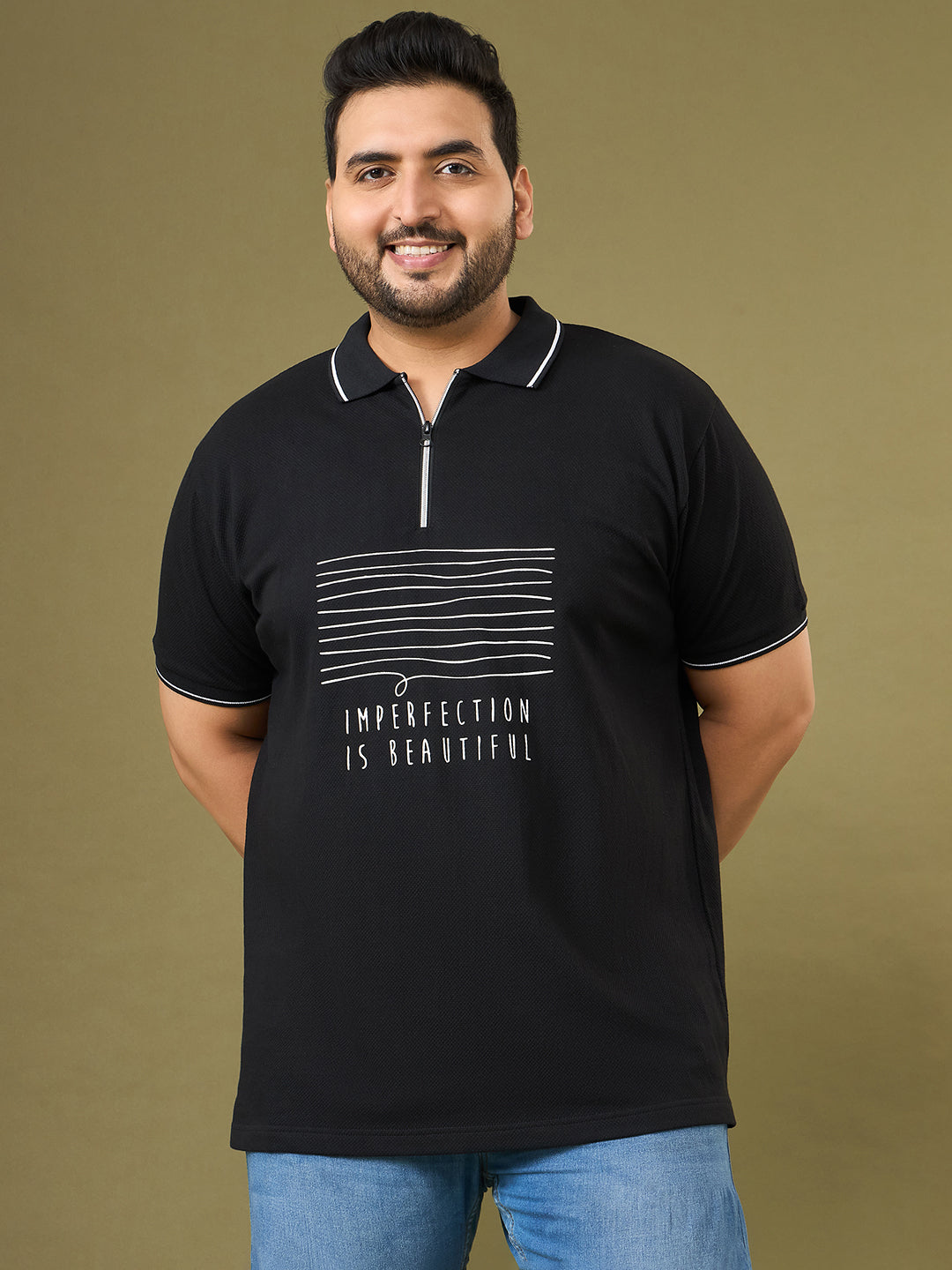Men Plus Size Trace Black Printed Polo Tshirt
