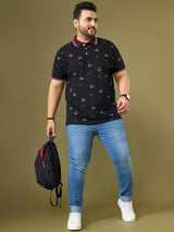 Men Plus Size Vertex Black Printed Polo Tshirt