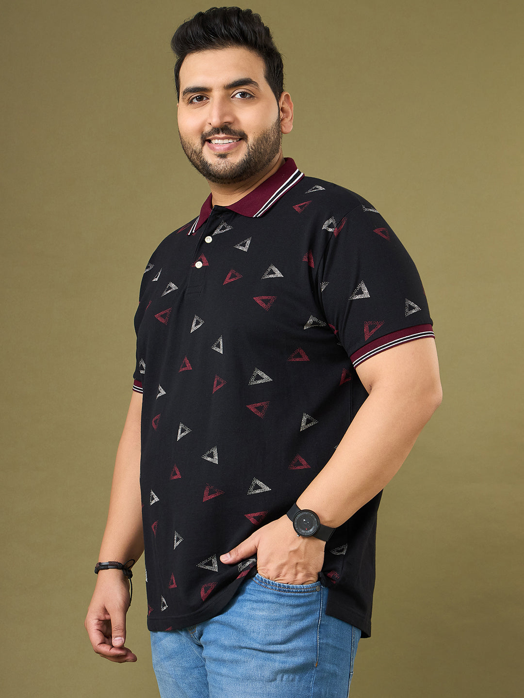Men Plus Size Vertex Black Printed Polo Tshirt