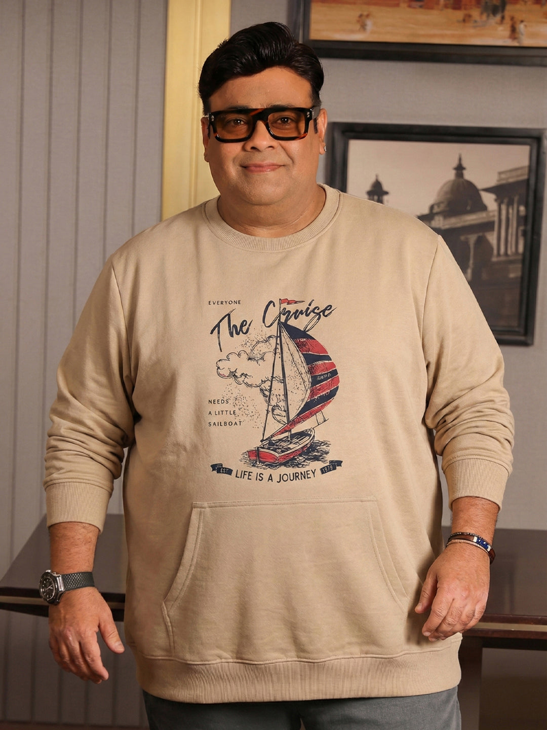 Men Plus Size Voyage Beige Printed Sweatshirt